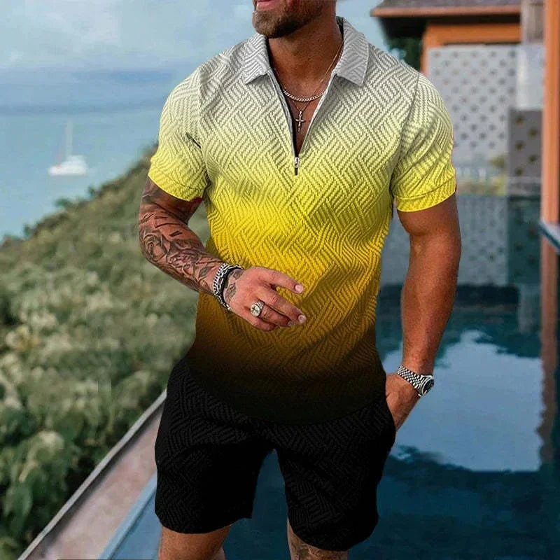 Completo da uomo composto da polo con cerniera, tinta unita, stampa 3D sfumata, colletto polo e pantaloncini. Abbigliamento estivo oversize per le vacanze alle Hawaii.