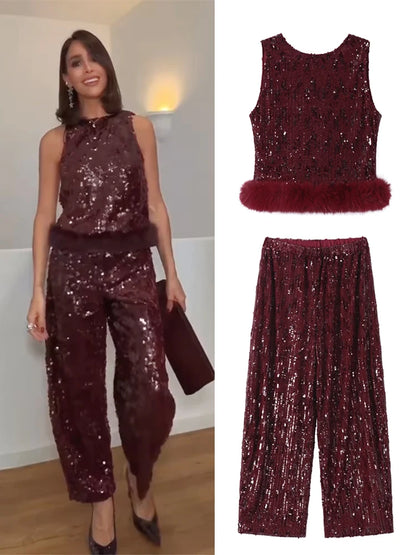 Completo da donna elegante con gilet, pantaloni lunghi, paillettes, patchwork, senza schienale, senza maniche, gamba larga, 2 pezzi