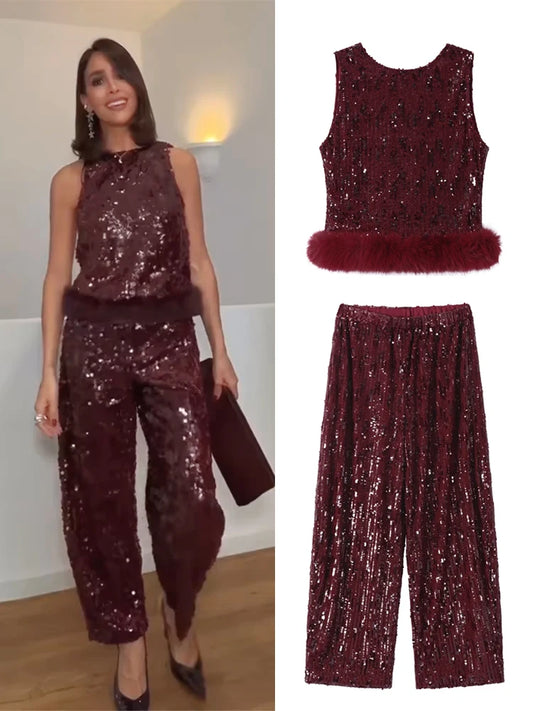 Completo da donna elegante con gilet, pantaloni lunghi, paillettes, patchwork, senza schienale, senza maniche, gamba larga, 2 pezzi