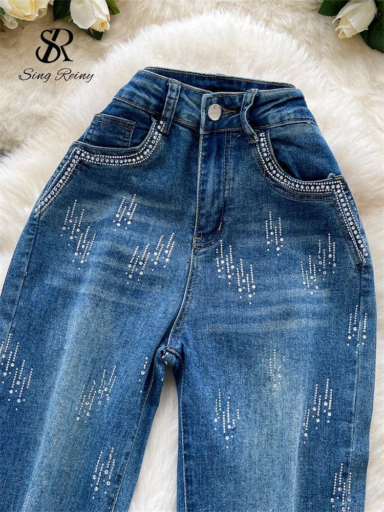 SINGREINY Autumn Diamond Denim Long Pants Women's Pockets Bodycon Hotsweet Casual Trousers Fashion Shiny Retro Wide Leg Jeans