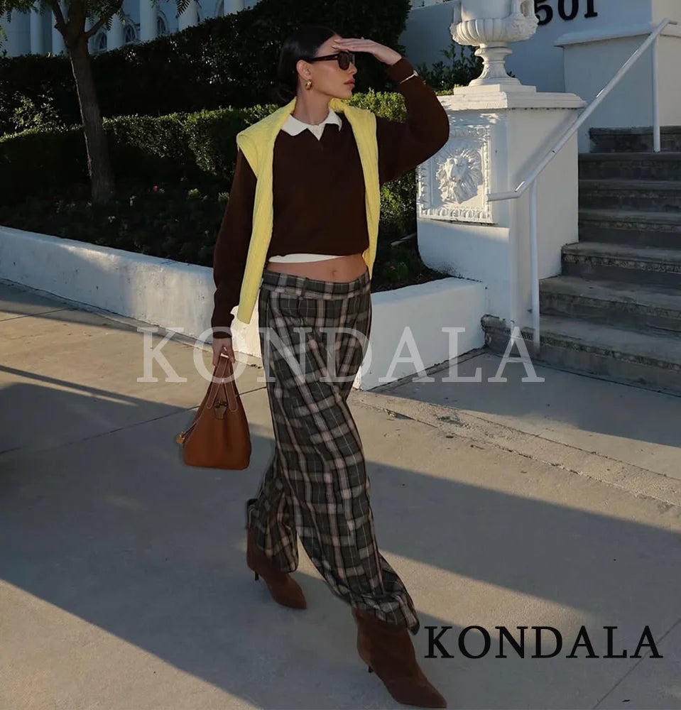 KONDALA Trendy Casual Plaid Trousers Women Elegant Vintage Long Pants 2026 Spring Fashion High Street Commute Chic Female Pants