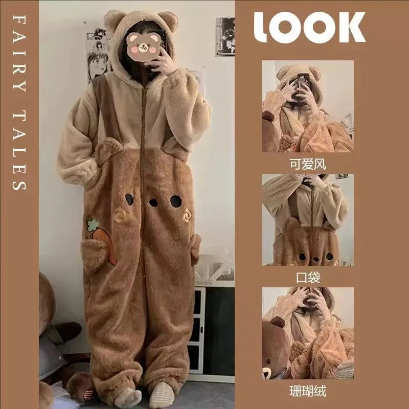 Kawaii Hangyodon Plush Siamese Pajamas Hooded Jumpsuit Pajamas Sanrioed Anime Cartoon Coral Velvet Homewear Thickened Nightgown