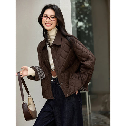 VIMLY Women's Vintage Diamond Quilted Puffer Coat 2025 Winter Oversized Polo Neck Parkas Plaid Spliced Cuff Lady Outwear A2796