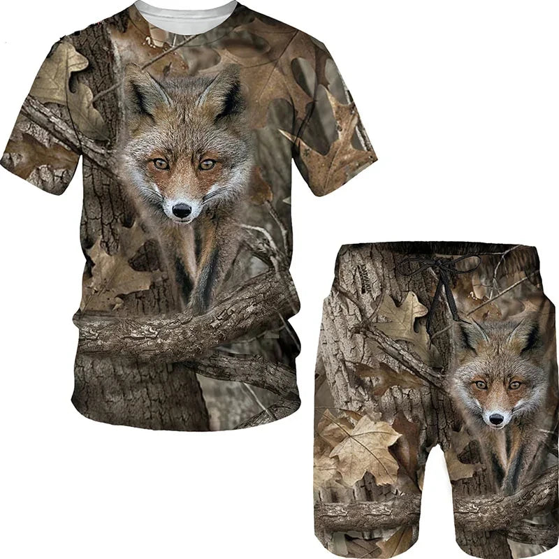 Animal Wild Boar Fox 3D Print 2Pcs set Camouflage Hunting T-Shirt Sets Fashion Men O-Neck Tracksuit Oversized Man Sweatshirt
