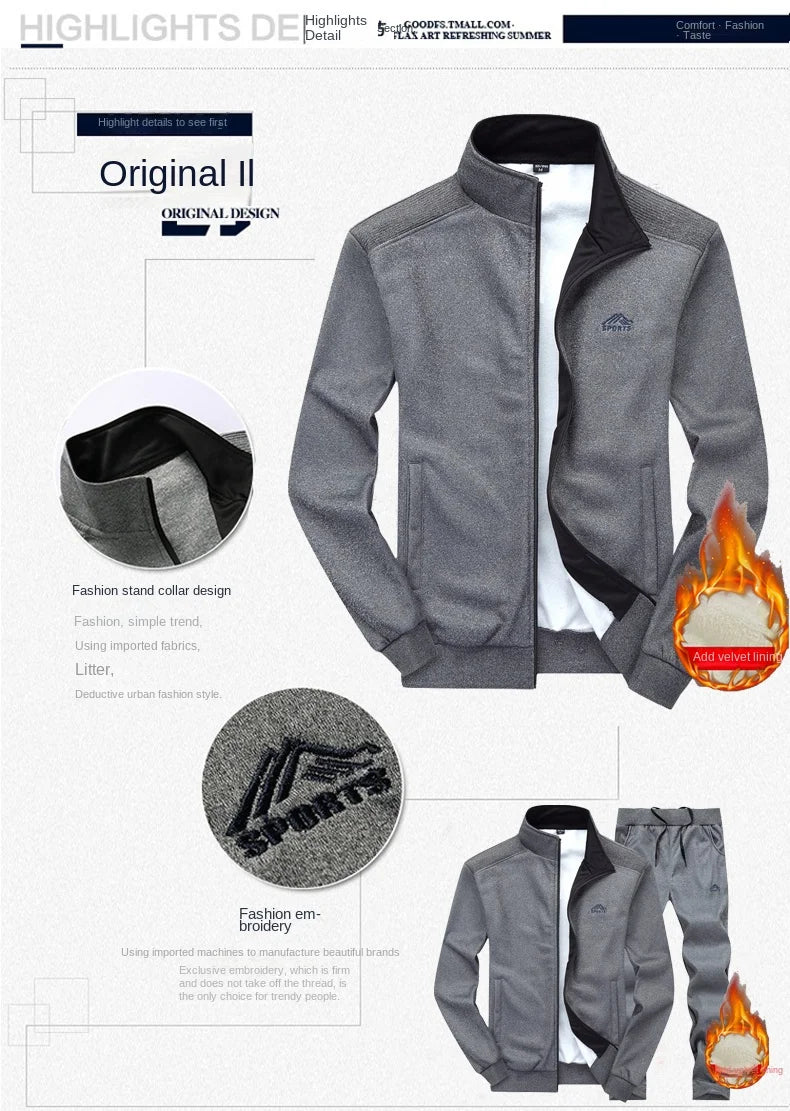 New set with plush and thickened warm embroidery cardigan, two-piece sports suit, men's long sleeved pants, knitted casual suit