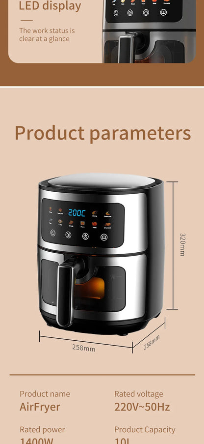 Friggitrice ad aria in acciaio inossidabile da 5 litri, elettrodomestico da cucina elettrico con display LCD e controllo touch screen, senza olio, per casa e hotel