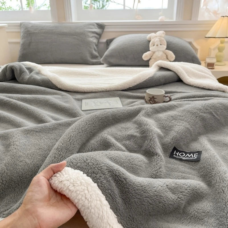 2025 A-Class Soft Cotton Half-Fleece Double-Layer Lamb Wool Blanket Solid Color Sofa Warm Autumn Winter Blanket