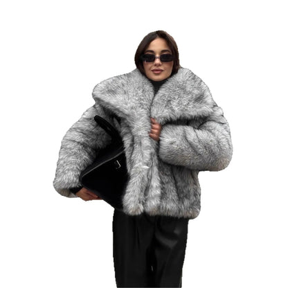 Faux Fox Fur Coats Women Jackets Color Block Turn Down Collar Long Sleeves Loose Fit Open Stitch Thick Casual 2025 Autumn Winter