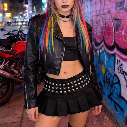 Sexy Spicy Girl Gothic Punk Rivet Decoration Pleated Short Skirt Side Zipper Low Waist Skirt European American Women's Clothing