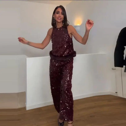 Completo da donna elegante con gilet, pantaloni lunghi, paillettes, patchwork, senza schienale, senza maniche, gamba larga, 2 pezzi