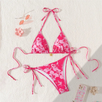 Sexy Rose Red Flower Print Micro Thong Bikini Women Swimwear 2026 String Halter Swimsuit Swimming Wear Triangle Bikinis Sets