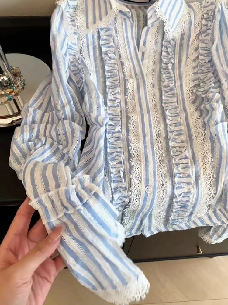 Blue Striped Women Shirts Autumn Korean Sweet Lace Patchwork Long Sleeve Blouse Fashion Single Breasted Slim All Match Top Mujer