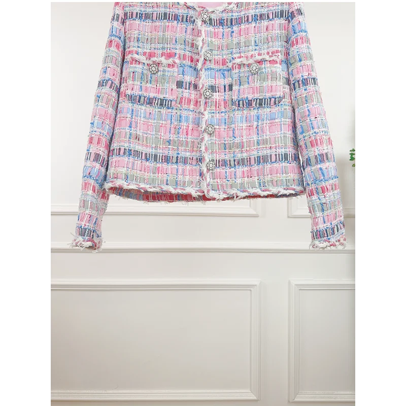 Giacca da donna di lusso di alta qualità, in tweed dolce, alla moda, con scollo rotondo e fibbia a diamante, cappotto da ufficio francese