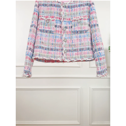 Giacca da donna di lusso di alta qualità, in tweed dolce, alla moda, con scollo rotondo e fibbia a diamante, cappotto da ufficio francese