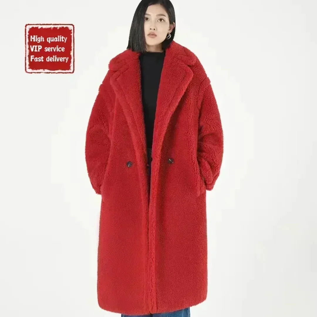 DUTRIEUX Women's Long Teddy Bear Coat, 2025 Winter New Style, Thickened Warm Alpaca Wool and Cashmere Long Genuine Fur Coat