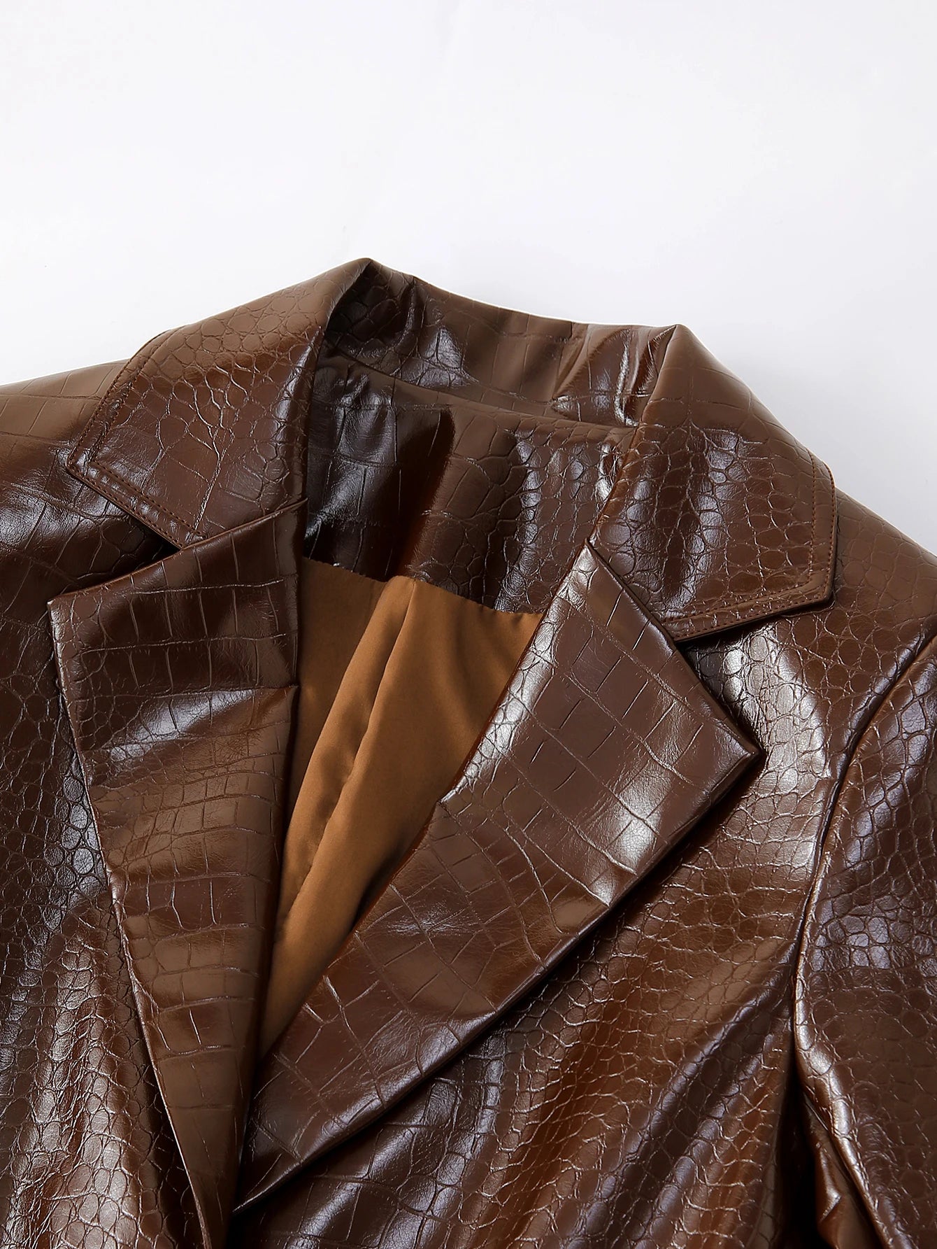 Women's Crocodile PU Leather Blazer, Retro Brown Fitted Jacket for Office & Professional Wear, All-Season Elegant Coat