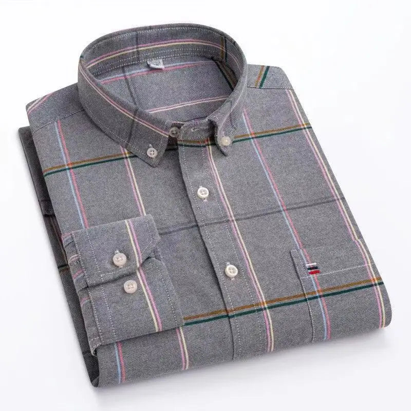 Camicia da uomo a quadri con bottoni a maniche lunghe in cotone 100%, con tasca singola sul petto, vestibilità standard, casual, stile Oxford a quadri e righe