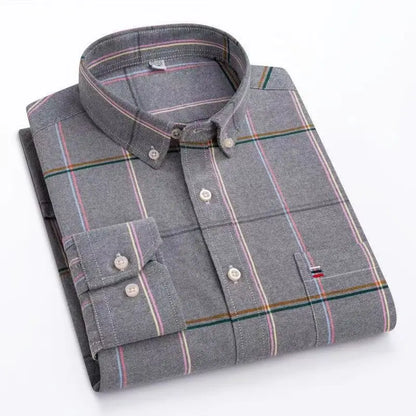 Camicia da uomo a quadri con bottoni a maniche lunghe in cotone 100%, con tasca singola sul petto, vestibilità standard, casual, stile Oxford a quadri e righe