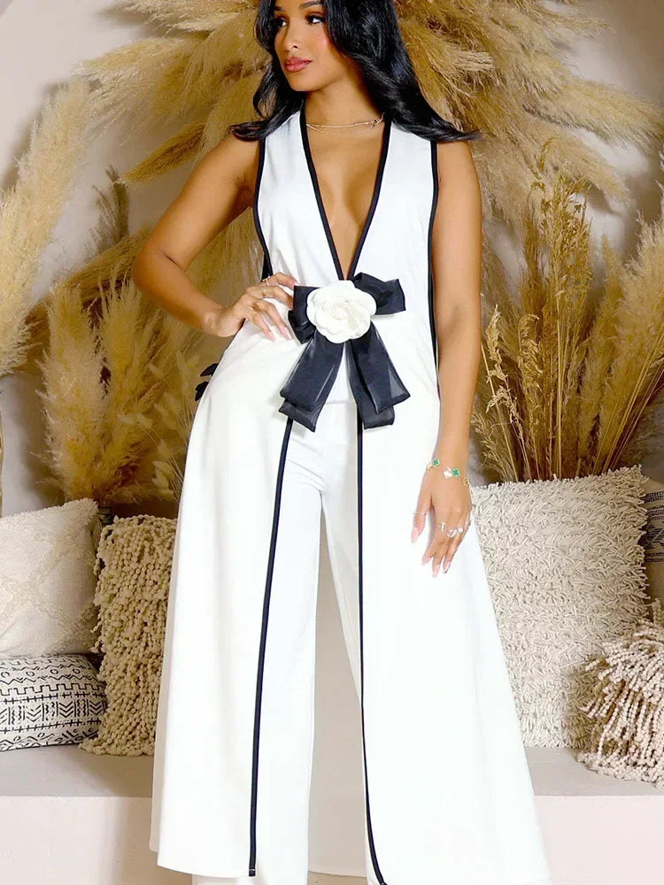 Completo coordinato da donna con due pezzi, elegante abito da compleanno in discoteca, top lungo senza maniche con scollo a V e pantaloni a gamba larga