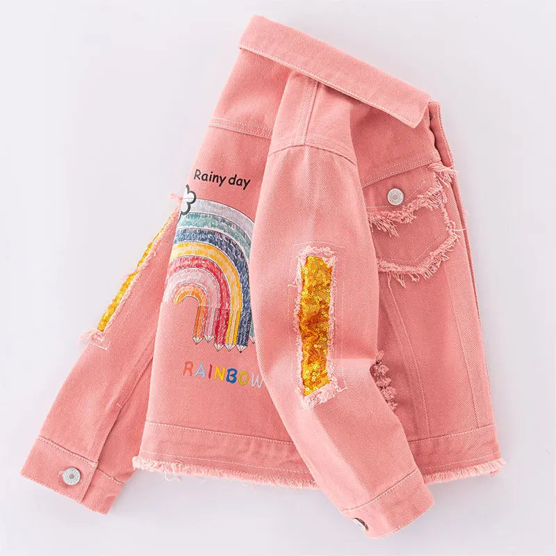 Giacca di jeans per ragazze adolescenti dai 5 ai 12 anni, nuova moda, rosa con paillettes arcobaleno, cappotto in jeans per ragazze, primavera autunno, capospalla per bambini