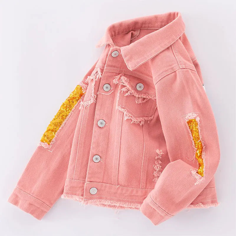 Giacca di jeans per ragazze adolescenti dai 5 ai 12 anni, nuova moda, rosa con paillettes arcobaleno, cappotto in jeans per ragazze, primavera autunno, capospalla per bambini