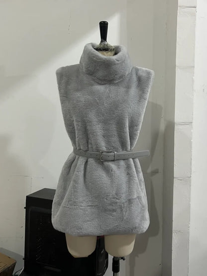 Chic Modern Faux Fur Gilet High Neck Tops Belted Slim-fit Women Vests Dates Elegant Relaxed Stylish Casual Female Outfits Wear