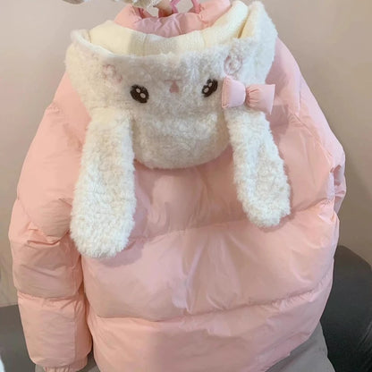 Pink Kawaii Lolita Style Women Parka Japanese Cute Embroidery Bunny Ears Hooded Jacket Loose Plush Velvet Lined Down Padded Coat