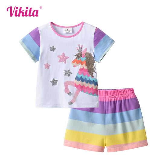 Completo estivo per bambine VIKITA con unicorno, paillettes e applicazioni, composto da maglietta a righe in cotone e pantaloni, 2 pezzi.