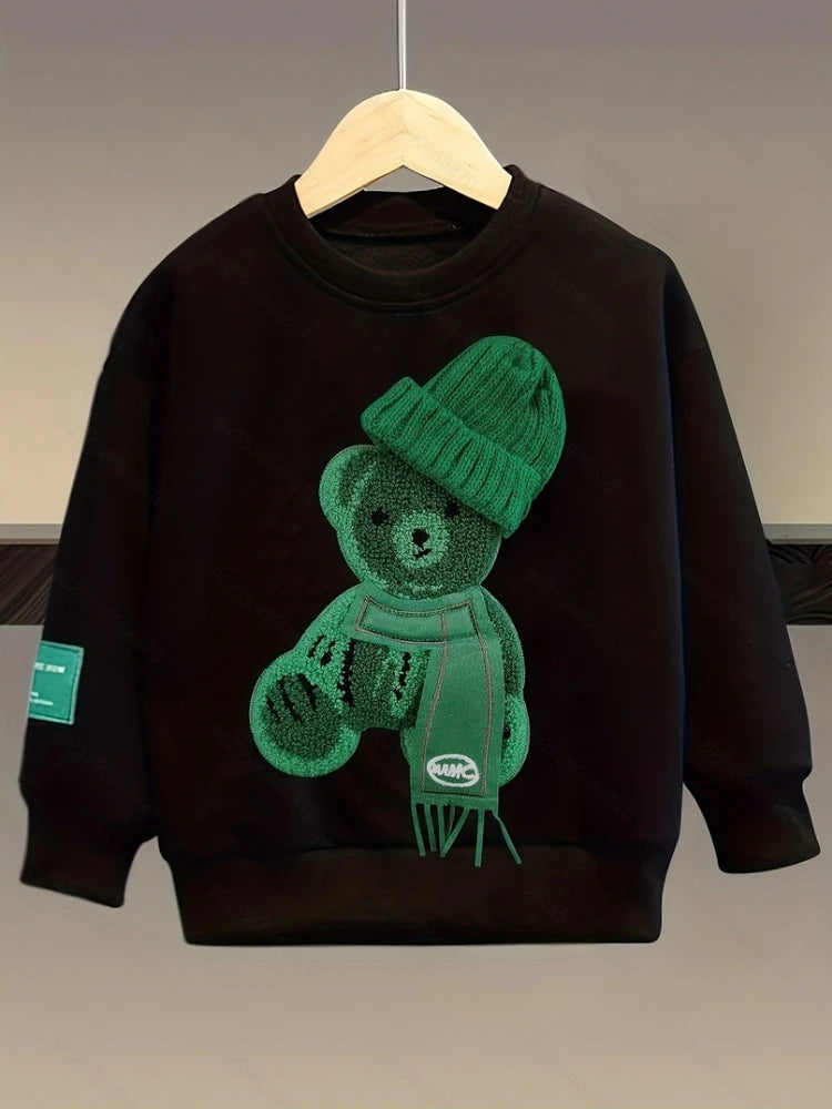 Completo autunnale per bambini, composto da felpa con orsetto ricamato e pantaloni, ideale per bambine e ragazzi.