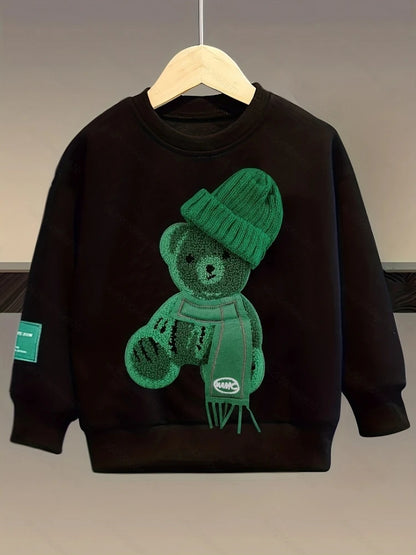 Completo autunnale per bambini, composto da felpa con orsetto ricamato e pantaloni, ideale per bambine e ragazzi.