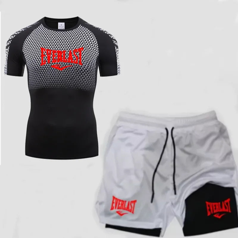 EVERLAST Maglietta a compressione da uomo + pantaloncini sportivi 2 in 1 Set 2 pezzi Tempo libero Traspirante Manica corta Sport Jogging Palestra Abbigliamento di marca Stampa