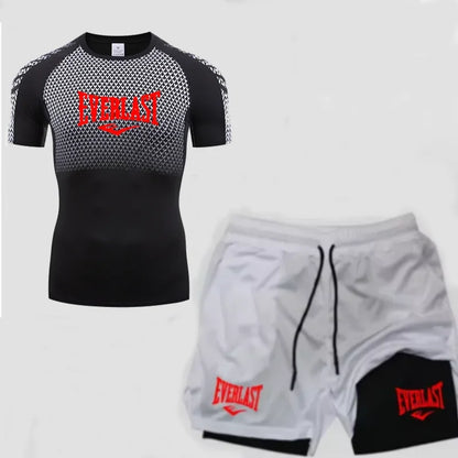 EVERLAST Maglietta a compressione da uomo + pantaloncini sportivi 2 in 1 Set 2 pezzi Tempo libero Traspirante Manica corta Sport Jogging Palestra Abbigliamento di marca Stampa