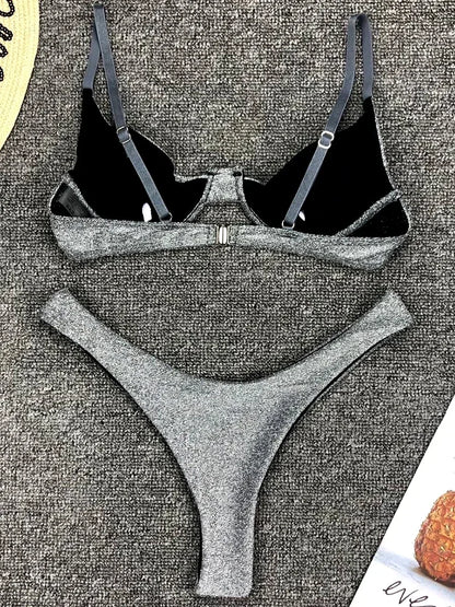 Bikini a V con ferretto e glitter scintillanti da donna, costume da bagno brasiliano a due pezzi, costume da bagno a triangolo.