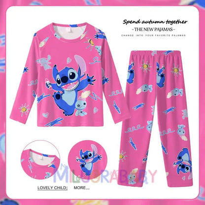 Pigiama per bambini dai 2 ai 14 anni, completo a maniche lunghe per primavera e autunno, set pigiama per bambini con motivo a cartoni animati Stitch, abbigliamento da casa comodo e casual per ragazzi e ragazze.
