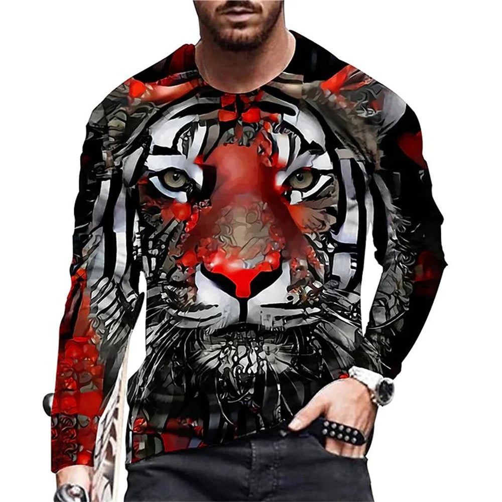 T-shirt da uomo vintage con stampa, maniche lunghe, stampa 3D tigre, girocollo ampio, abbigliamento uomo con animali, t-shirt oversize autunnale da uomo