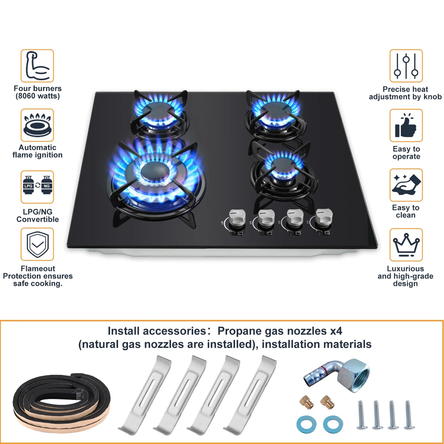 Piano cottura a gas da 60 cm a 4 fuochi, piano cottura in vetro nero resistente con protezione termocoppia, piano cottura da incasso a doppia alimentazione (GN/GPL) da 8060 W