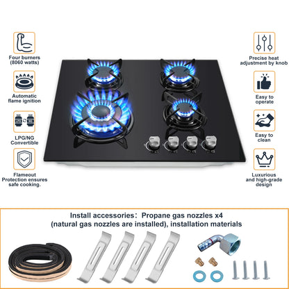 Piano cottura a gas da 60 cm a 4 fuochi, piano cottura in vetro nero resistente con protezione termocoppia, piano cottura da incasso a doppia alimentazione (GN/GPL) da 8060 W