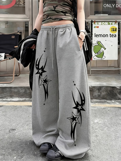 Pantaloni della tuta casual da donna in stile street con stampa a stelle, nuovi arrivi per la primavera, in pile, vestibilità ampia, stile streetwear, oversize