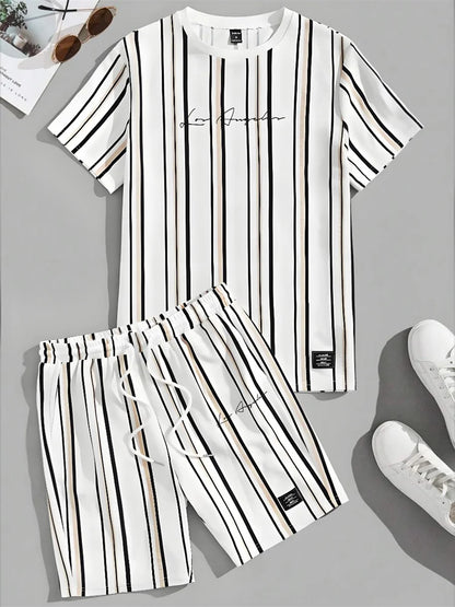 Completo estivo da uomo con stampa a righe 3D, casual per tutti i giorni, composto da t-shirt a maniche corte e pantaloncini da spiaggia alla moda in stile urbano.