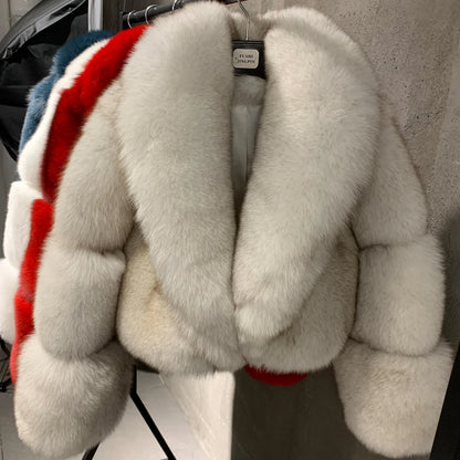 # Giacca in pelliccia di volpe dorata da donna, cappotto corto in vera pelliccia di volpe, manica lunga, in tessuto di pelliccia naturale con colletto