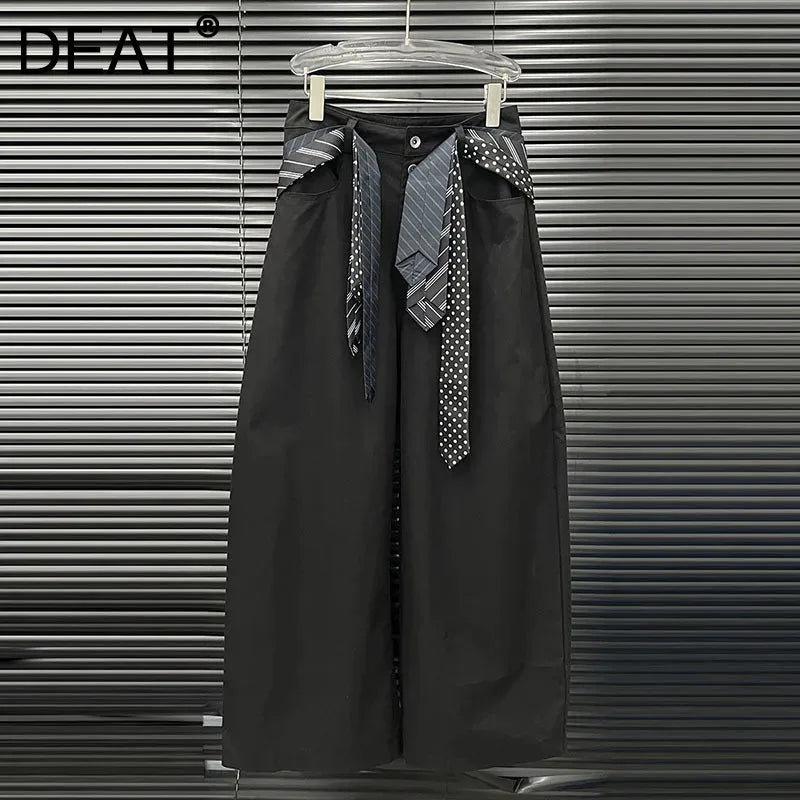 DEAT 2025 Early Autumn New Style Tie Design Wide-Leg Pants For Women Versatile High Waist Loose Cargo Trousers Female 11A06304