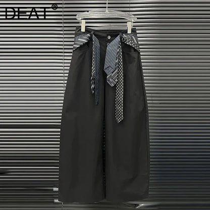 DEAT 2025 Early Autumn New Style Tie Design Wide-Leg Pants For Women Versatile High Waist Loose Cargo Trousers Female 11A06304