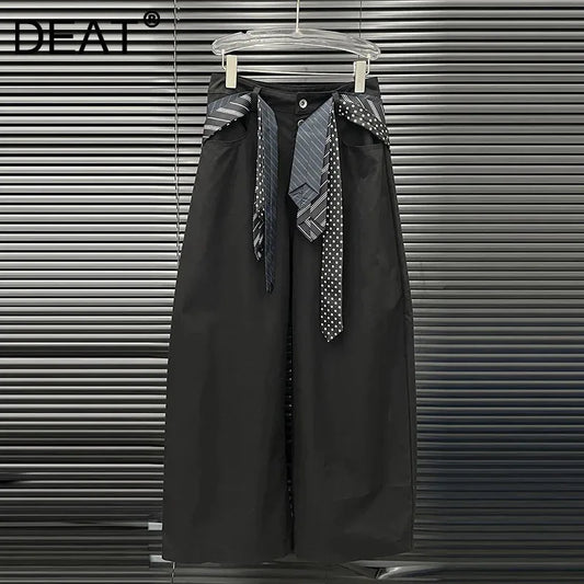 DEAT 2025 Early Autumn New Style Tie Design Wide-Leg Pants For Women Versatile High Waist Loose Cargo Trousers Female 11A06304