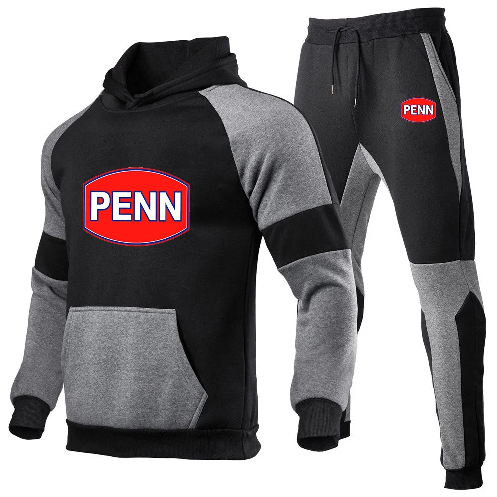 Penn Fishing Reel 2023 Men New Sets Spring and Autumn Brand Popular Print Fashion Color Matching Hoodie + Pants Two-piece Set