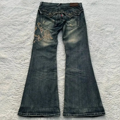 Jeans da donna Y2K con ricamo retrò americano, modello a corno, street fashion, pantaloni slim gotici, jeans da donna