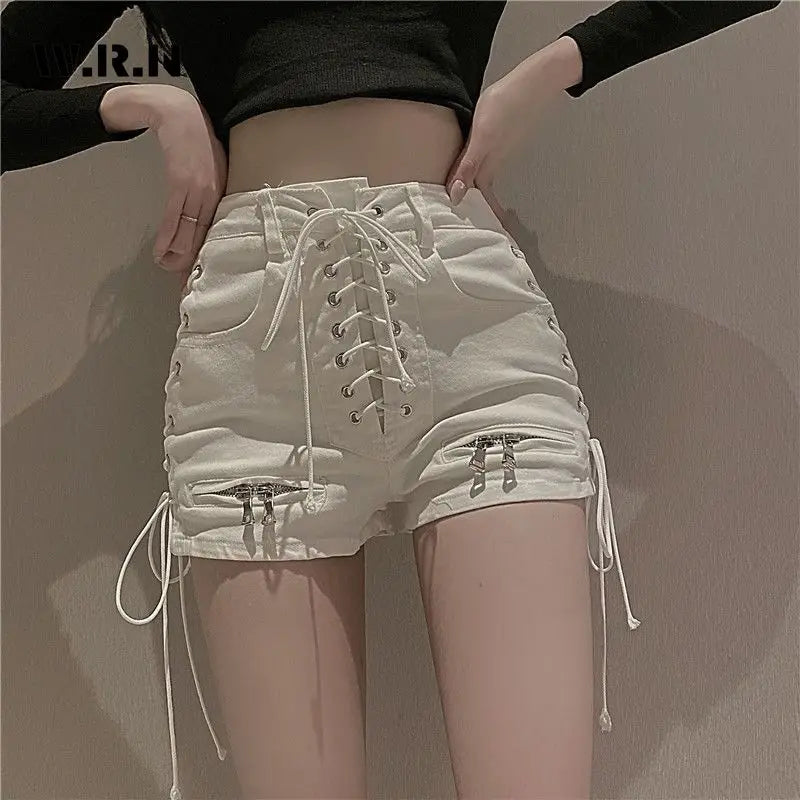 2024 New Bandage Sexy Denim Shorts Women Streetwear Gothic Jeans Mini High Waist Lace Up Casual Zip Black Goth Club Fashion
