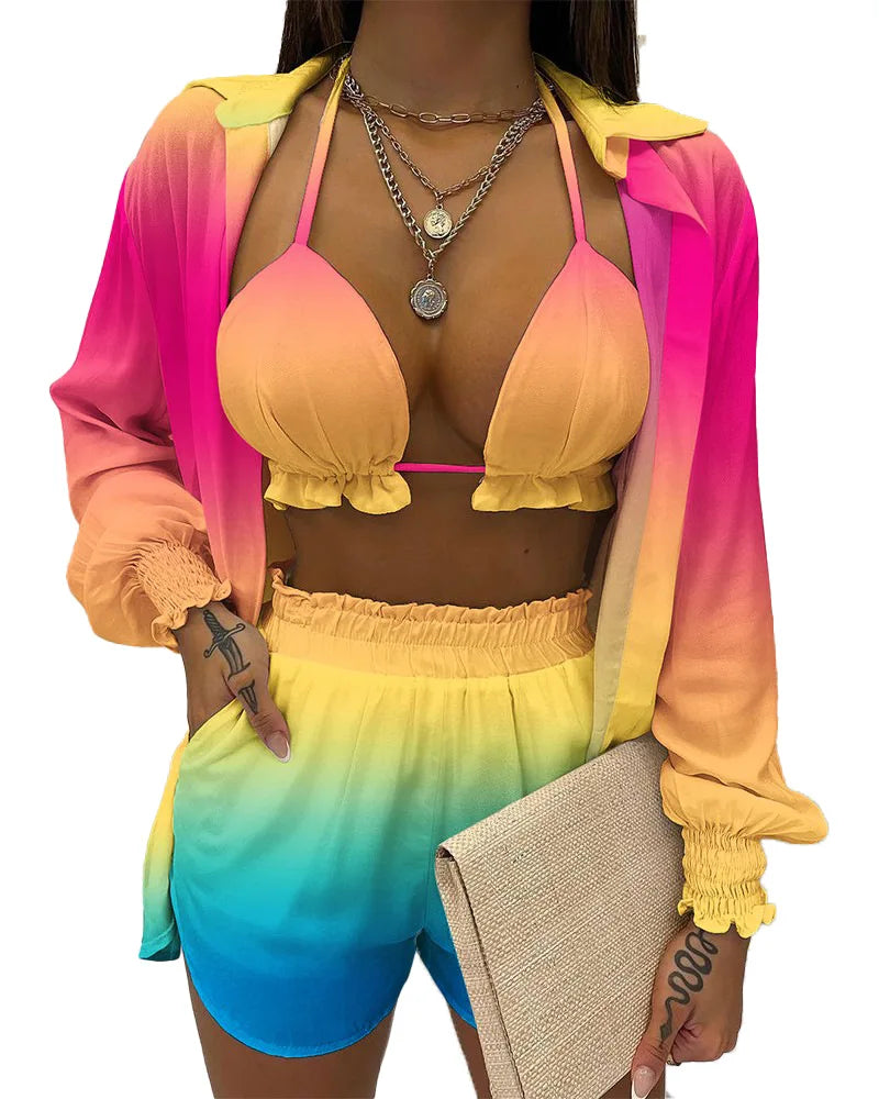 Costume da bagno a tre pezzi, sexy, da spiaggia, nuovo 2024, pantaloncini da bagno, copricostume, bikini estivo a vita alta, set bikini stampato da donna.