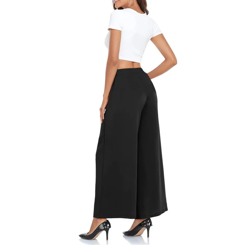 2025 Trendy Wide Leg Pants Women Regular Waist Stretchy Slimming Black Casual Party Office Trousers 