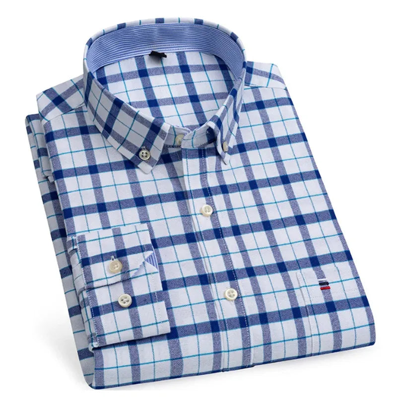 Camicia da uomo a quadri con bottoni a maniche lunghe in cotone 100%, con tasca singola sul petto, vestibilità standard, casual, stile Oxford a quadri e righe