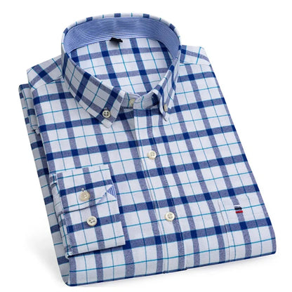 Camicia da uomo a quadri con bottoni a maniche lunghe in cotone 100%, con tasca singola sul petto, vestibilità standard, casual, stile Oxford a quadri e righe